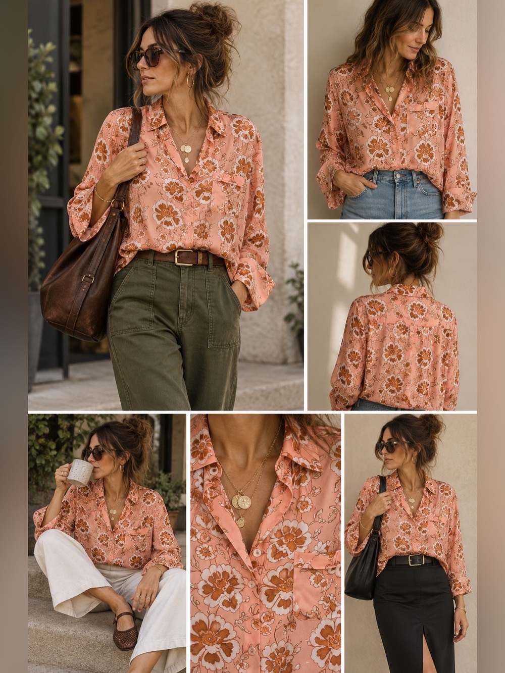 J. Crew Collection washable Silk pajama style top in Peach climbing Floral